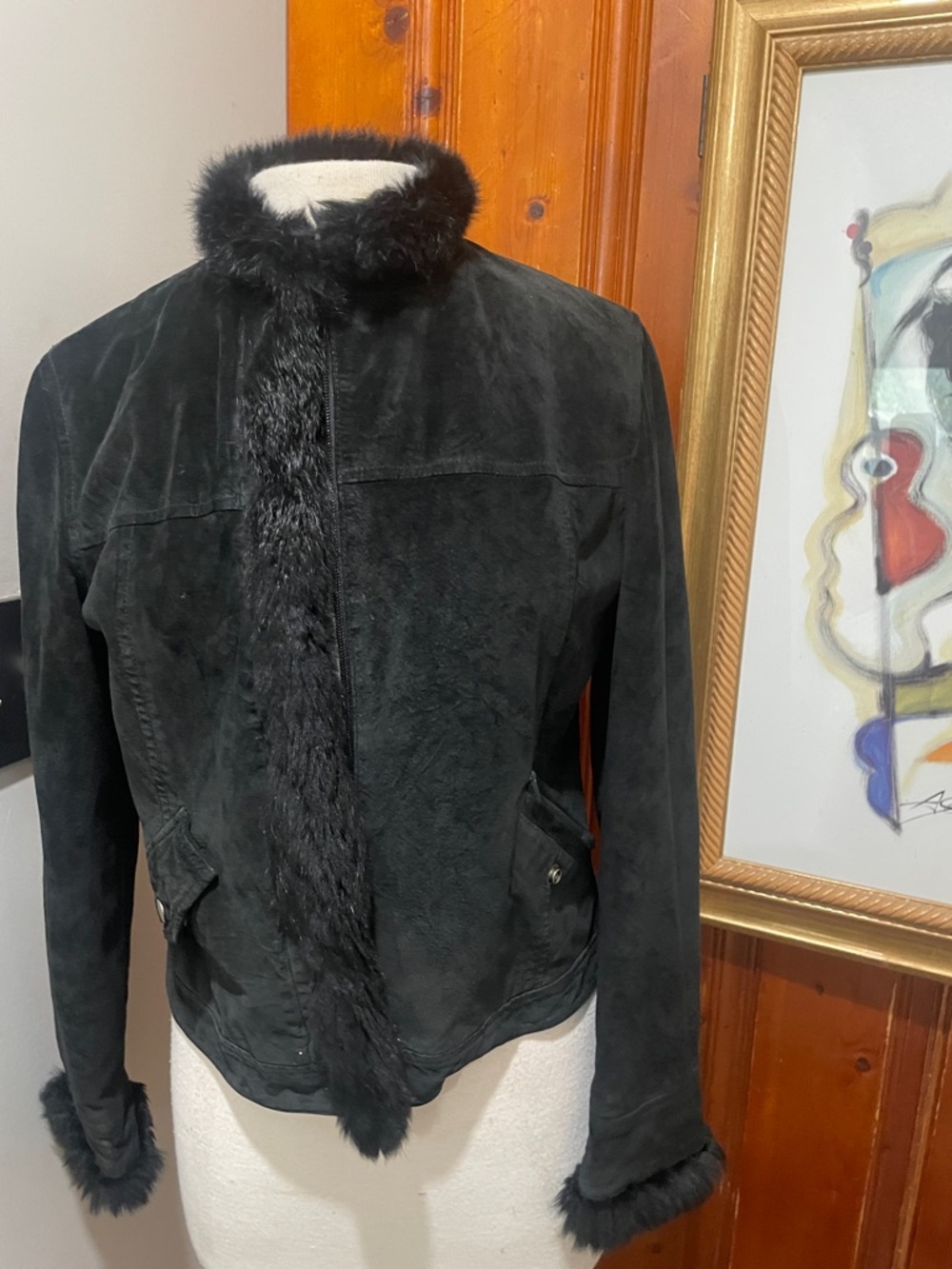 Black Suede Jacket with Fur Trim